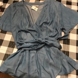 Chambray flutter sleeve wrap peplum top